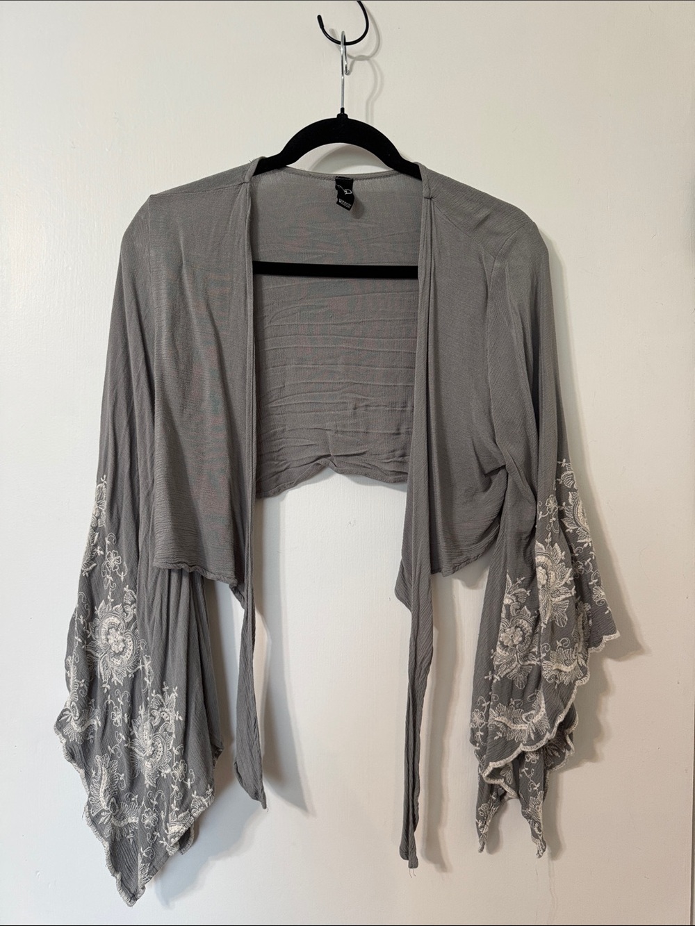 Windsor Gray Embroidered Bell Sleeve Shrug